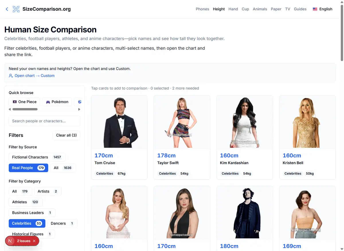 Height list showing celebrity cards you can add to a comparison