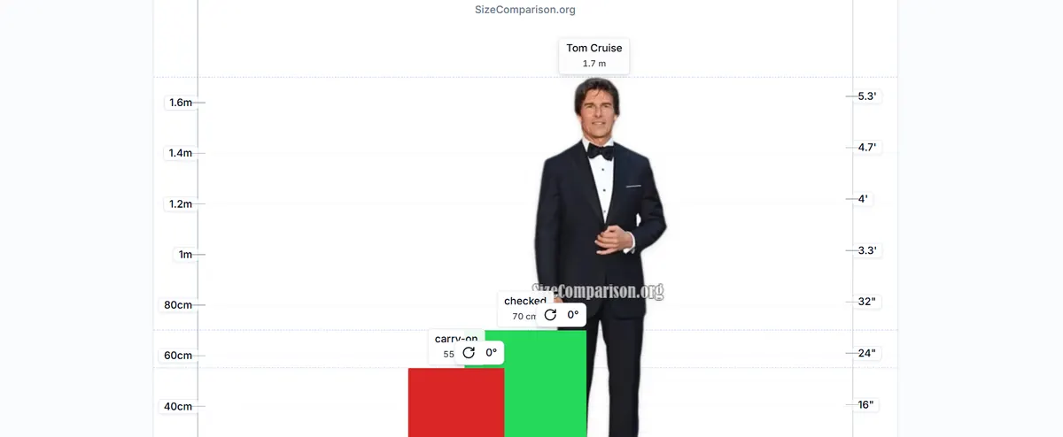 Person next to carry-on and checked suitcase rectangles on a height chart